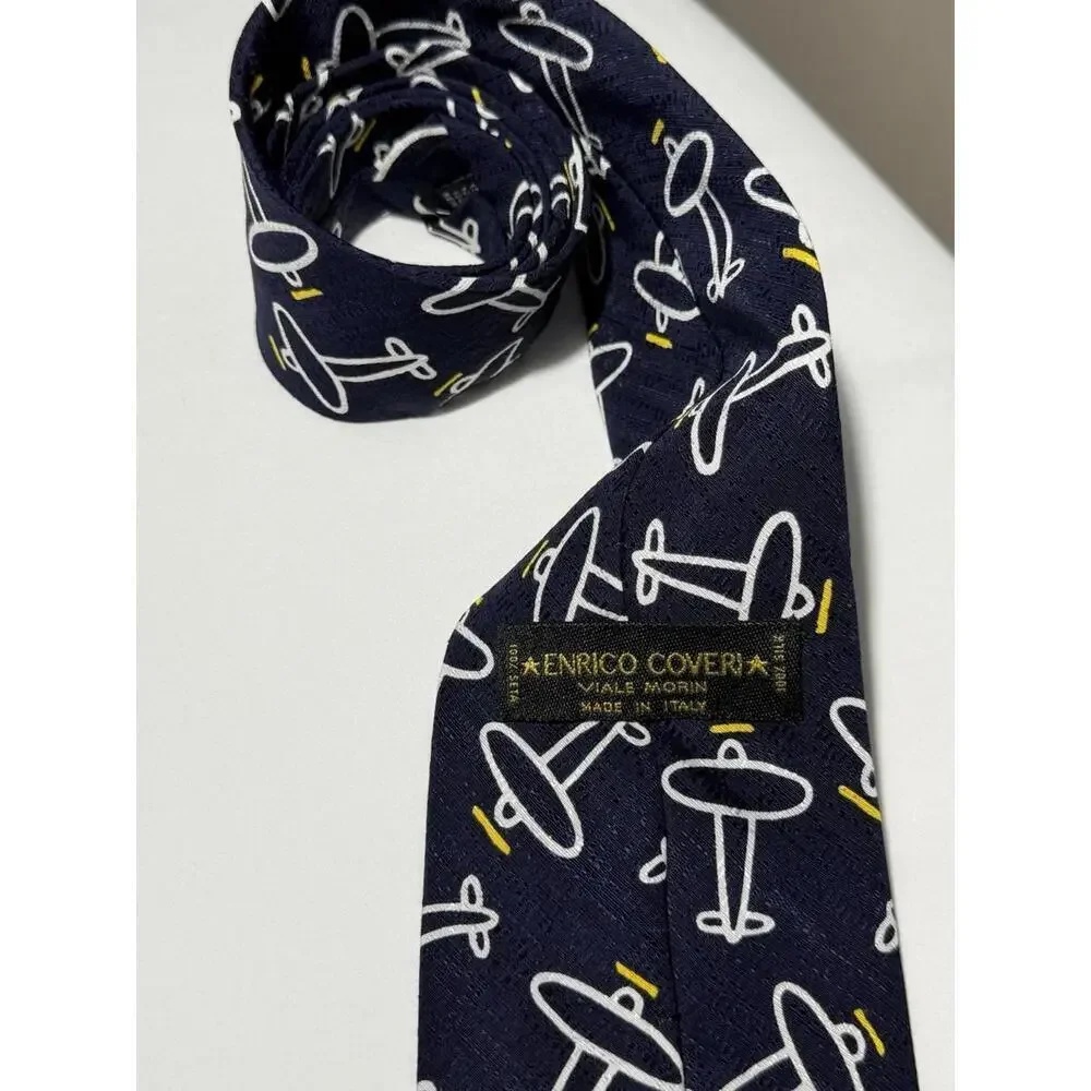 Enrico Coveri Italy Tie – Navy Blue with Airplane Print | Vintage Designer 57”